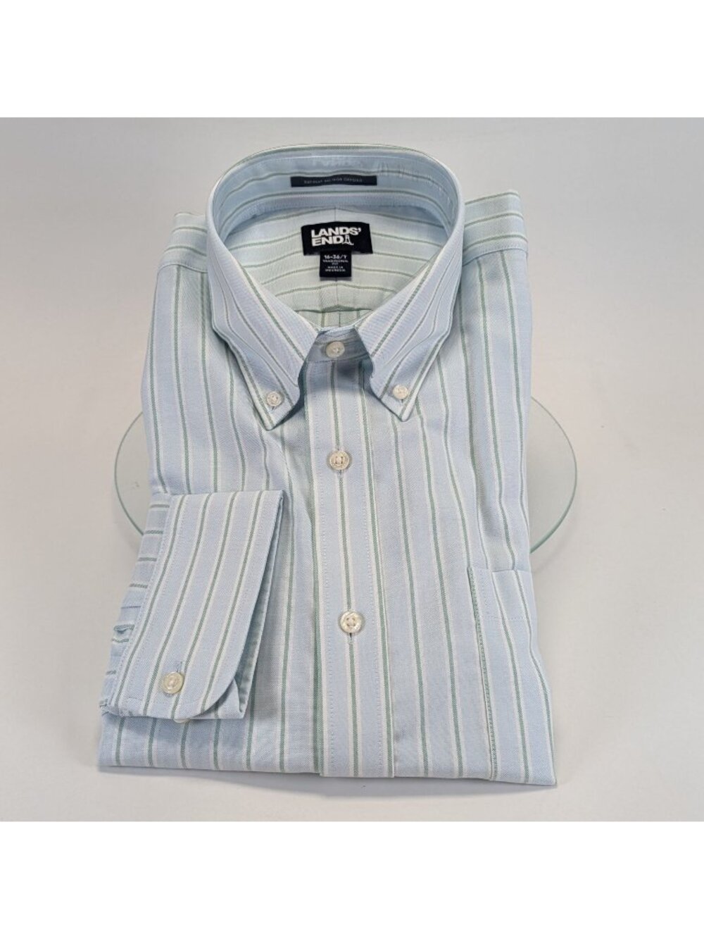 Lands End Mens Supima No Iron Oxford Shirt 16-36 T Blue Stripe Traditional Fit